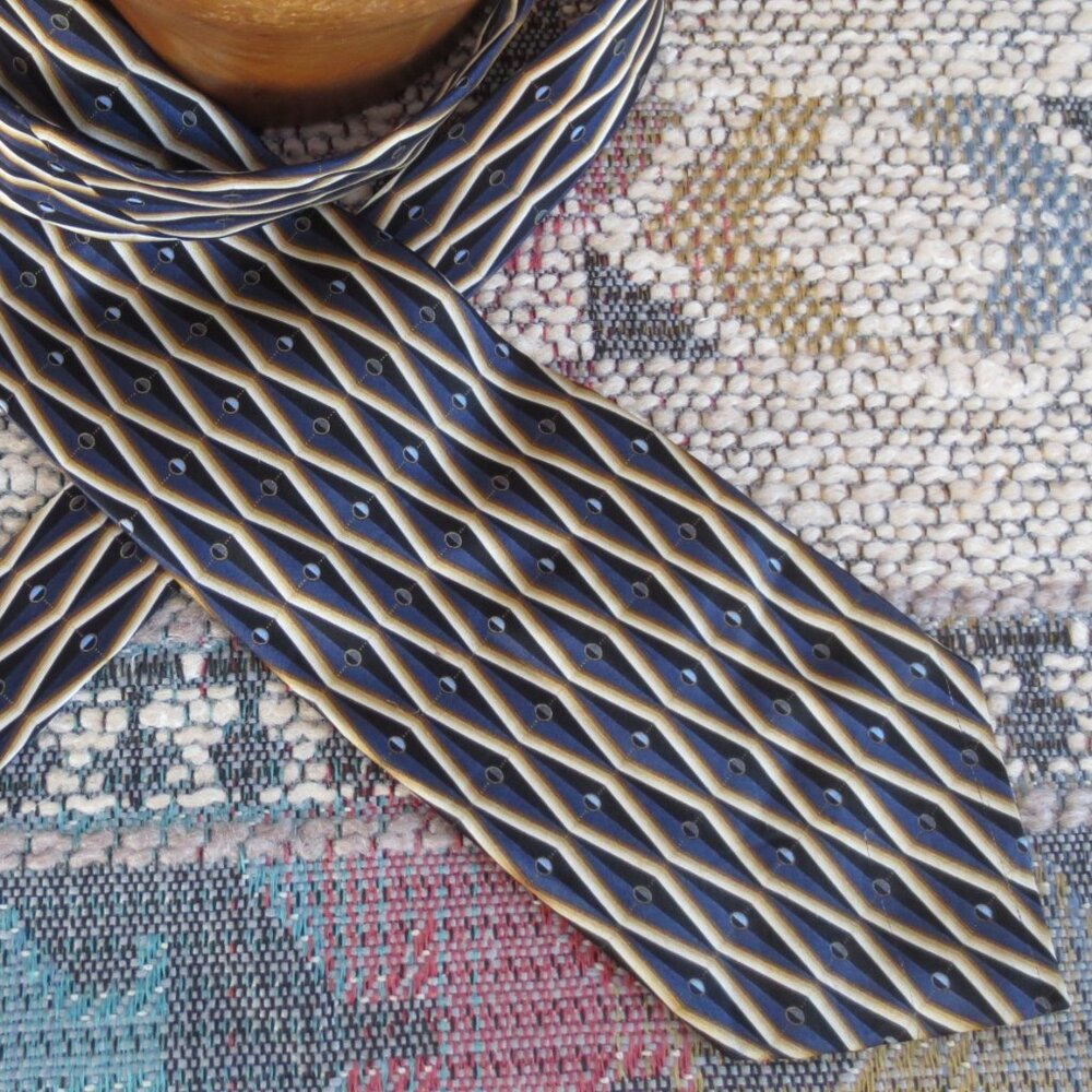 Like New Croft & Barrow Necktie Blue Gold Diamond Stripe Dots 100% Silk Men's OS